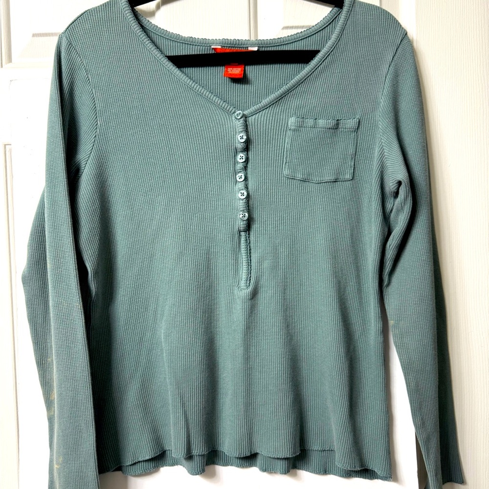 Sundance Henley, top, L, blue/gray, V-neck with 6 buttons, long sleeved Like new